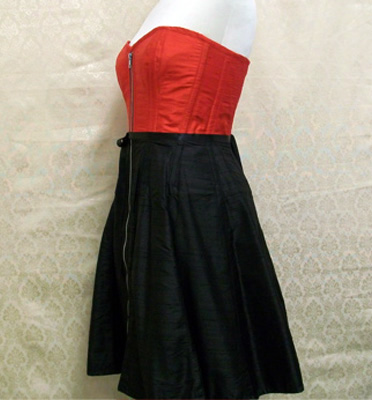 28 Corseted Dress<br /> Red and Black Silk<br />Exposed Zipper