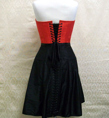 28 Corseted Dress<br /> Red and Black Silk<br />Exposed Zipper