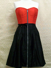 28 Corseted Dress<br /> Red and Black Silk<br />Exposed Zipper