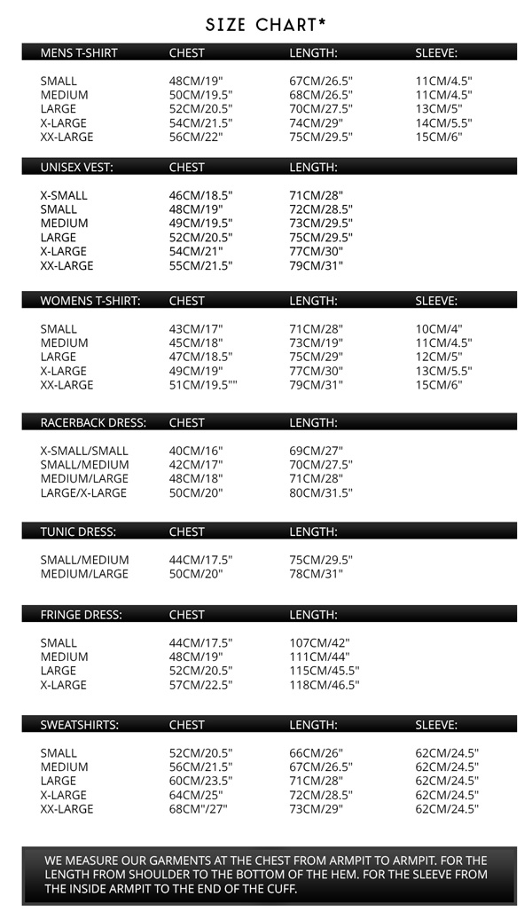 Killstar Size Chart