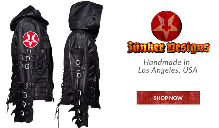 3 views of hooded leather jacket by Junker Designs