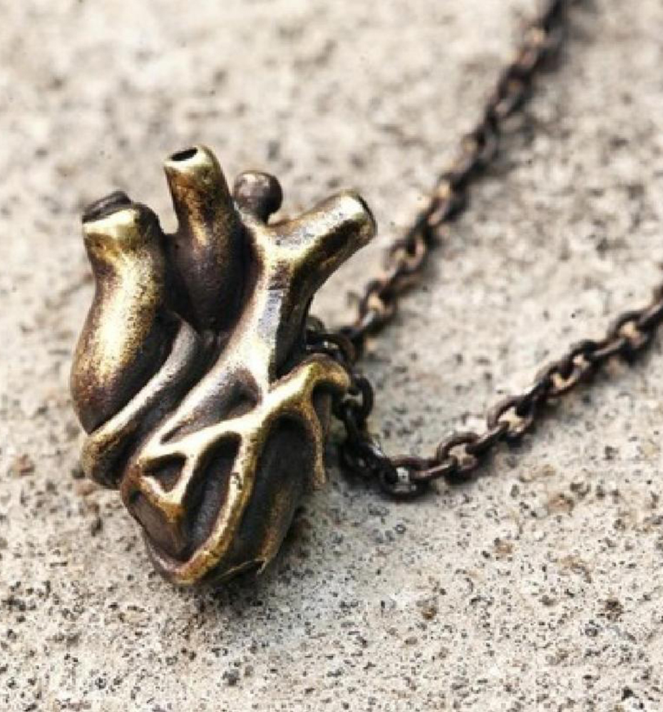 Solid Brass Antique Patina Designer Jan Hilmer Large ANATOMICAL HEART NECKLACE Super Detailed Human Heart Pendant Necklace
